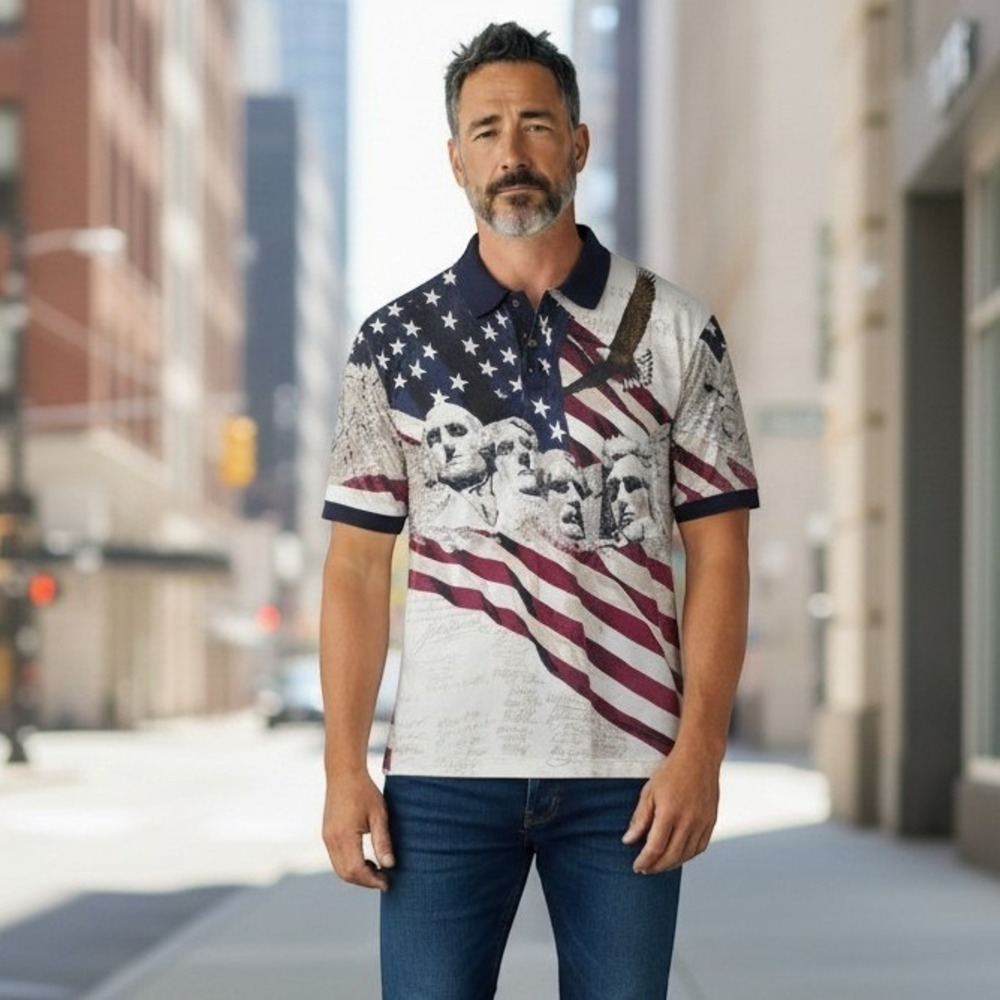Vintage 90s American Summer Mens XL Polo Mount Rushmore Eagle Flag Patriotic AOP